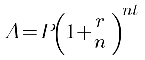 A equals P times open paren 1 plus r over n close paren, raised to the power n t
