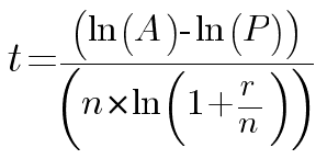 Time: t = (ln(A) - ln(P) ) / (n * ln(1 + r/n))